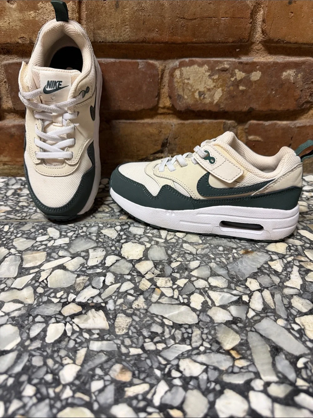 Nike Air Max 1 Kids Pale Ivory and Vintage Green Low-Top Sneakers 13c, $50